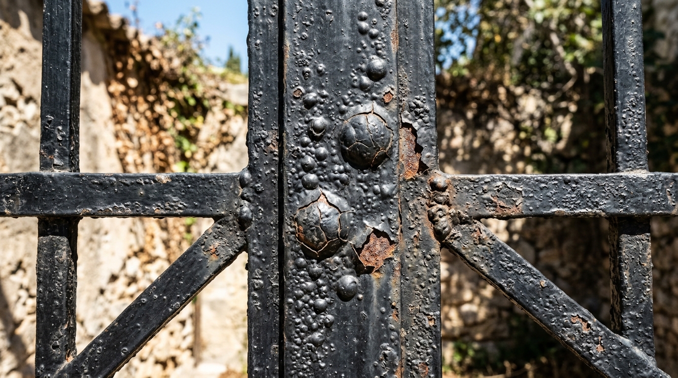 Black metal gate with paint blistering under intense heat