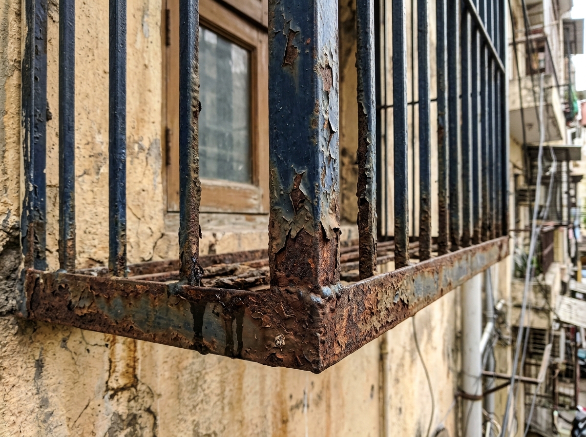 Peeling sun-faded enamel and heavy rust scale on the lower horizontal bars of an exterior box window grill