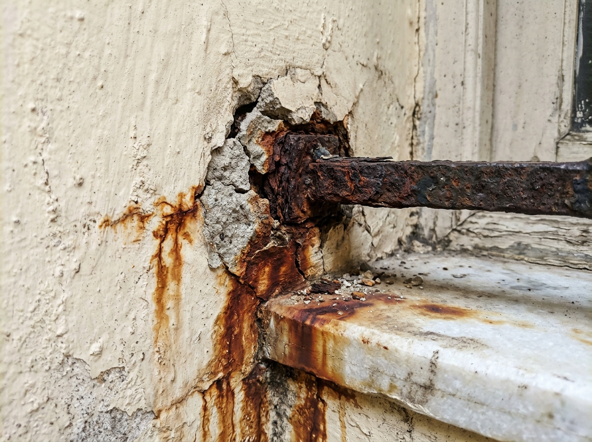 Rust expansion and reddish-brown wall staining where metal window grill bars enter masonry plaster and marble sill