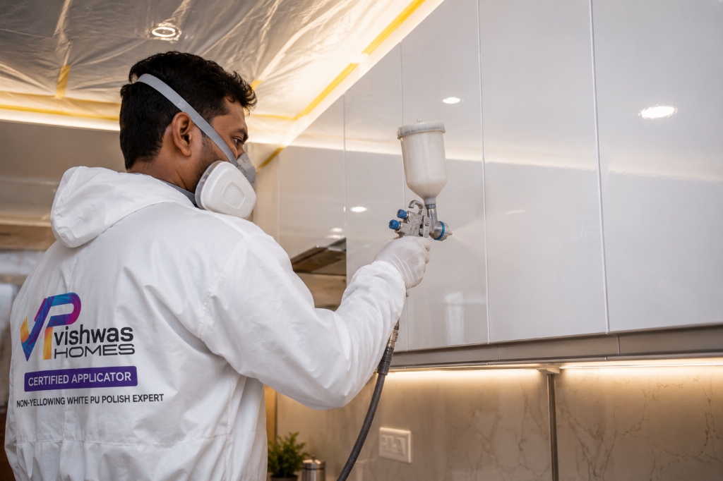 Certified applicator spraying non-yellowing white PU polish on modular kitchen shutters