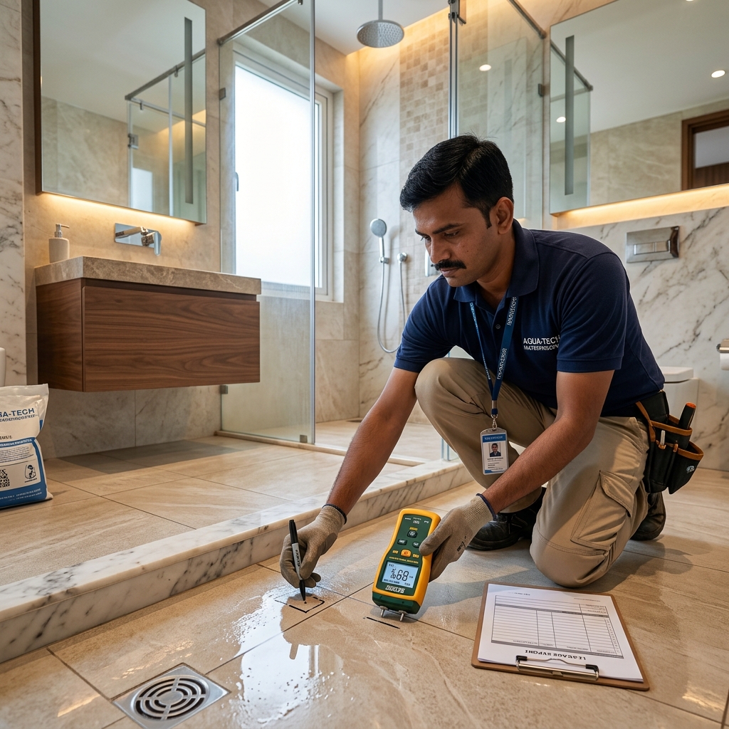 Vishwas Homes technician using a digital moisture meter to map bathroom floor leakage before applying epoxy grout and polyurethane waterproofing treatment in a Vijay Nagar flat, Indore