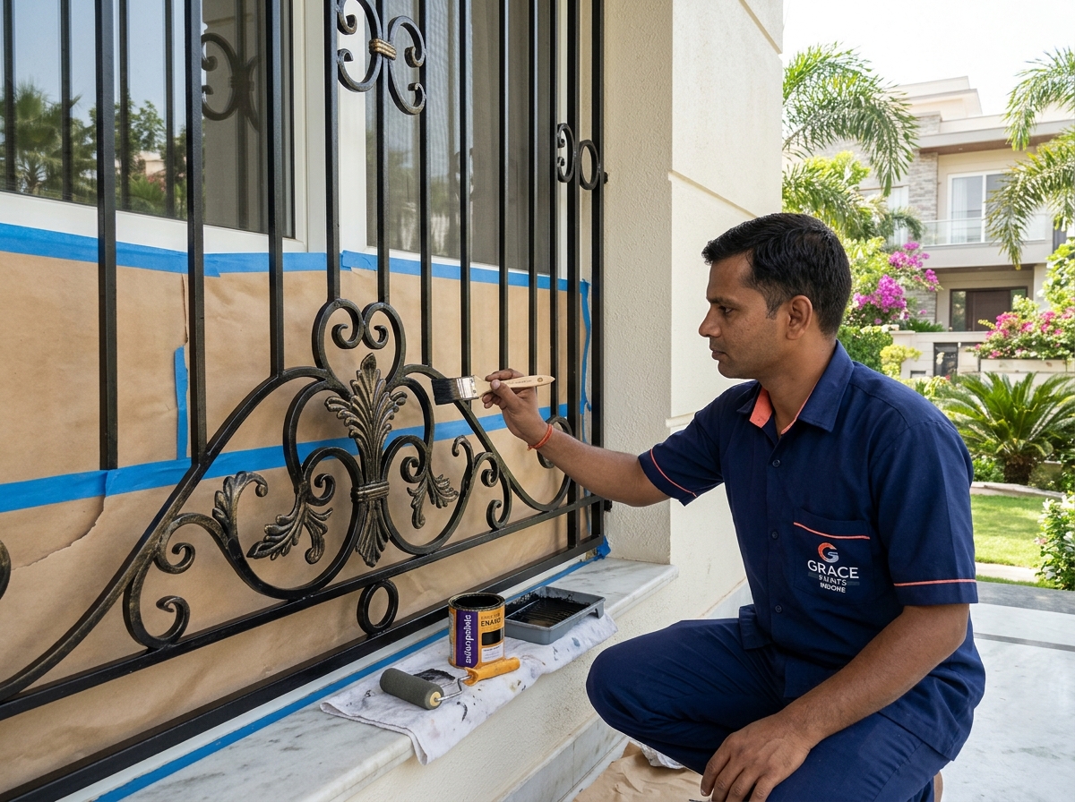 Vishwas Homes certified applicator painting an ornamental metal window security grill with protective masking shielding the wall and marble sill in an Indore bungalow