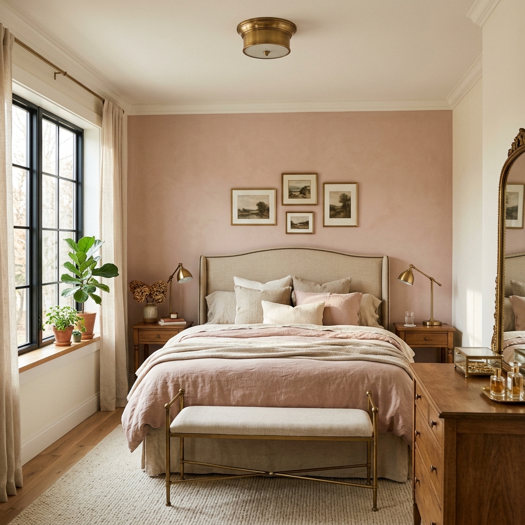 A master bedroom featuring a muted dusty blush pink headboard accent wall