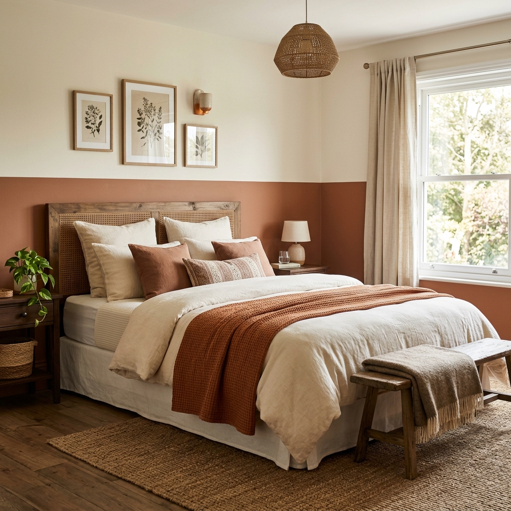 A cozy bedroom featuring horizontal two-tone colour blocked walls with a deeper clay tone