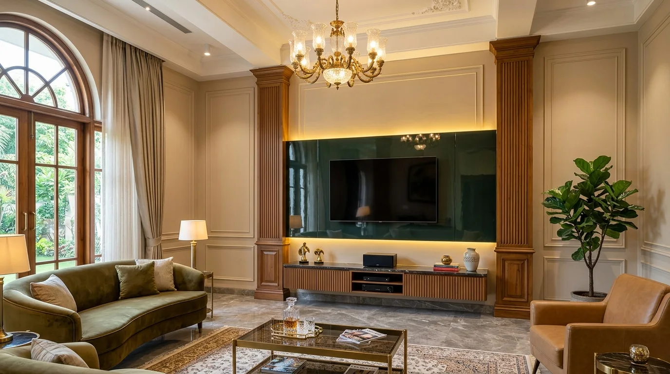 Floor-to-Ceiling Fluted Wood Columns with High-Gloss PU Band - Vishwas Homes High ceiling drawing room TV unit wall with floor-to-ceiling fluted wood columns and horizontal high-gloss PU band in an Indore bungalow