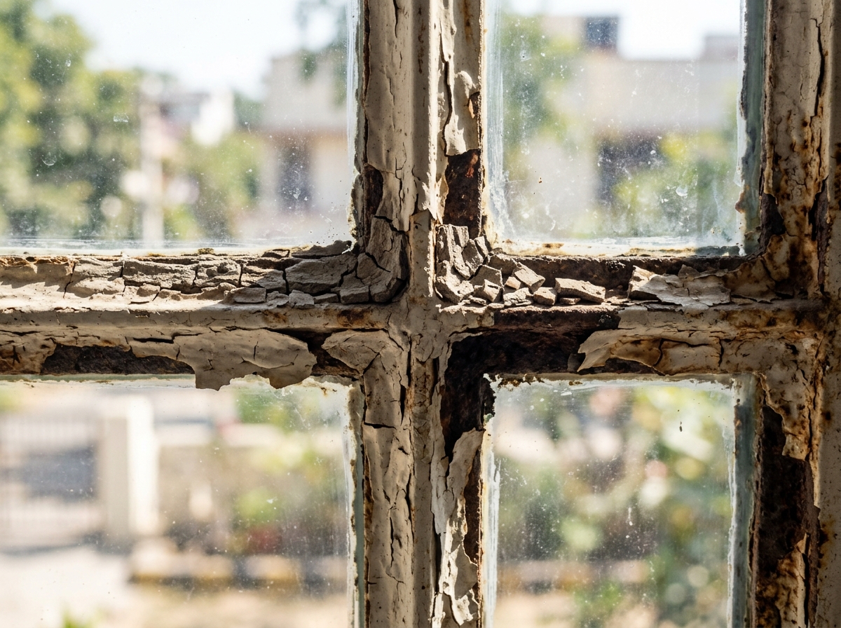 Cracked glazing putty and blistered peeling enamel paint along steel window glass pane edges