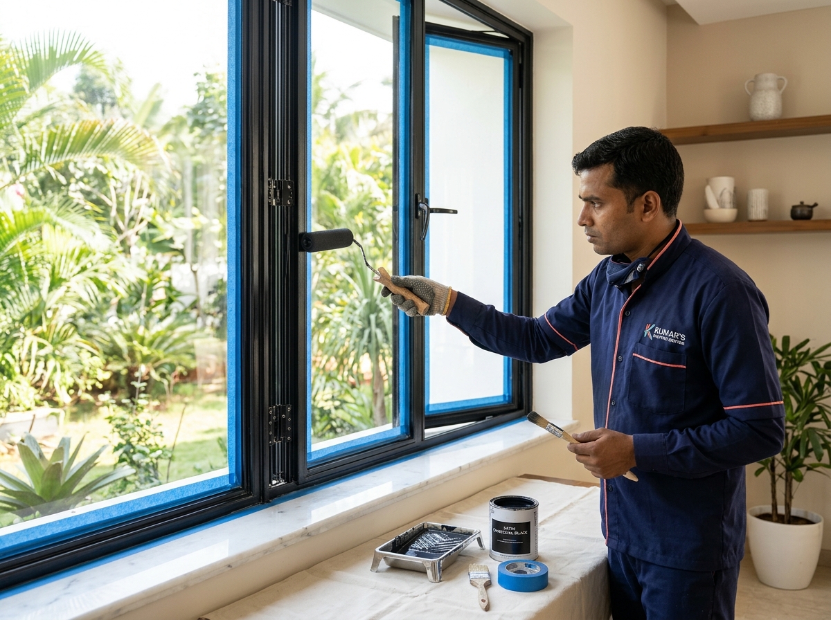 Vishwas Homes applicator applying smooth satin matte enamel topcoat to a steel window frame with masked glass panes in an Indore home