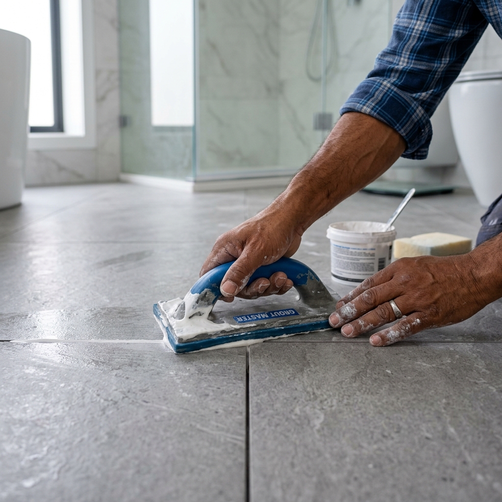 Professional applying waterproof epoxy grout to bathroom floor tiles
